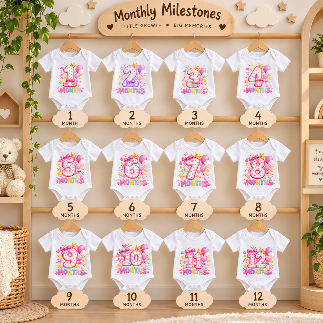 12 Months Baby Milestone Birthday Romper Set  Monthly Birthday Celebration Combo