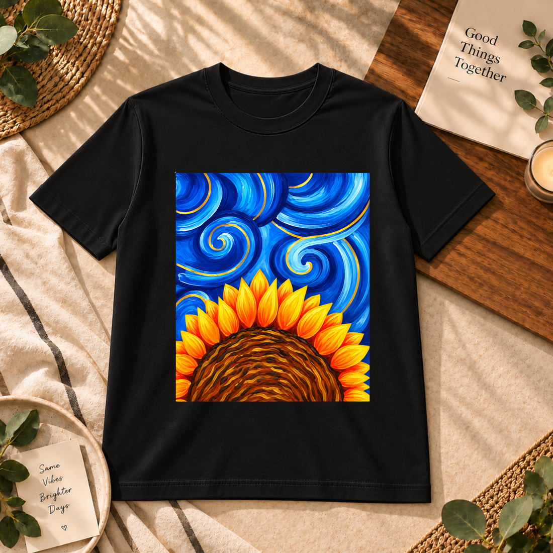 Sunflower Sky Artistic Graphic Black T-Shirt