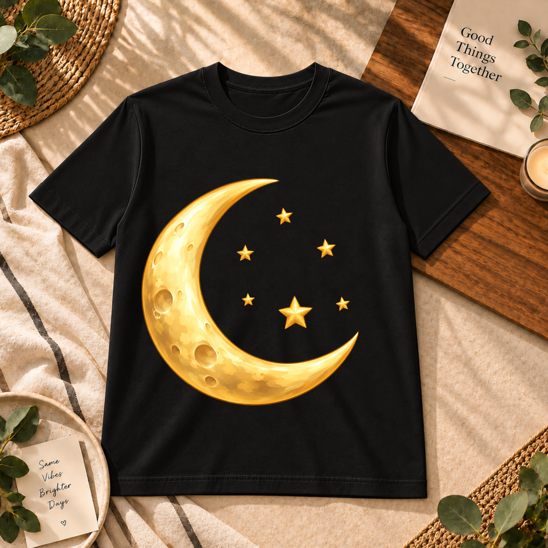 Golden Moon & Stars Graphic T-Shirt