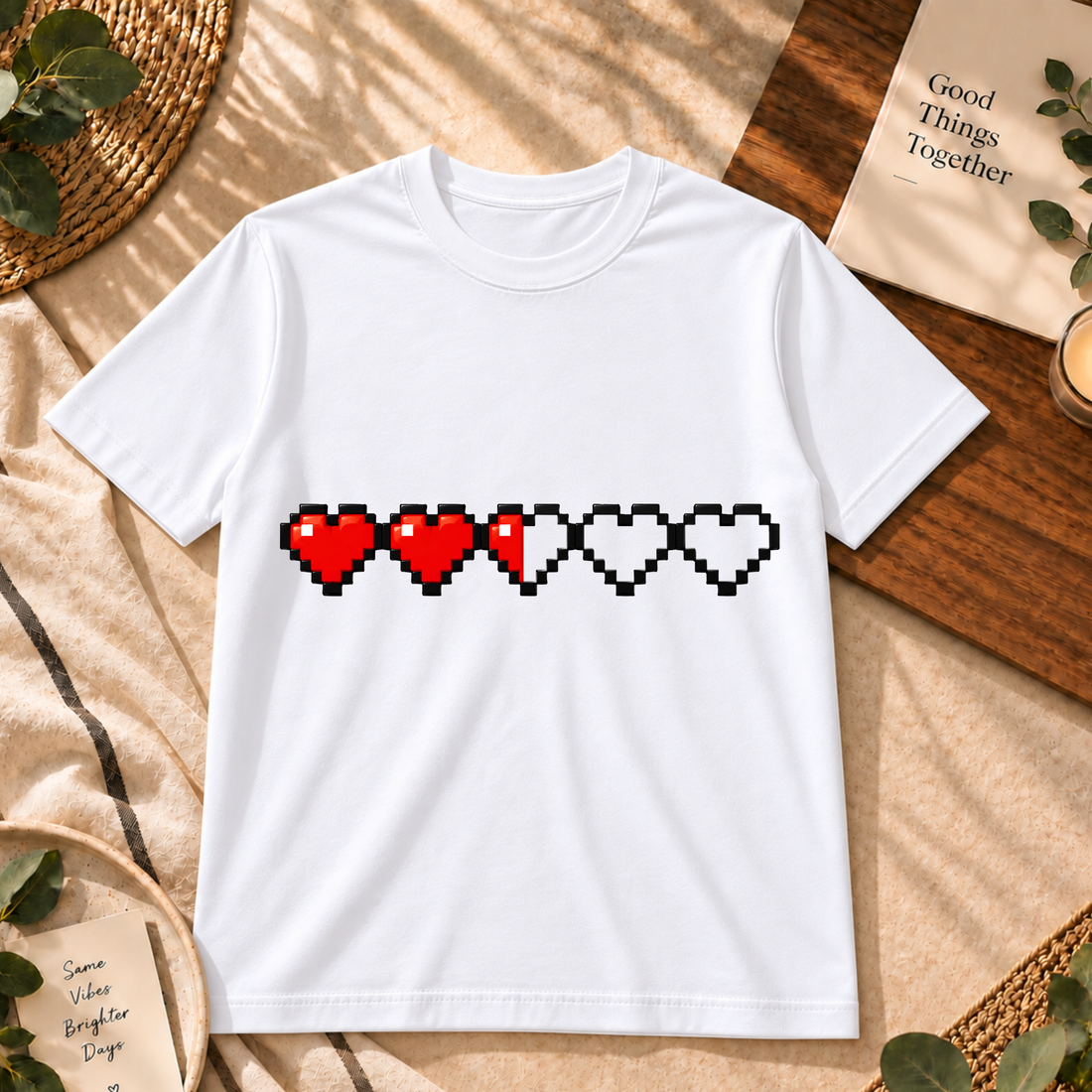 Pixel Heart Love Graphic White T-Shirt