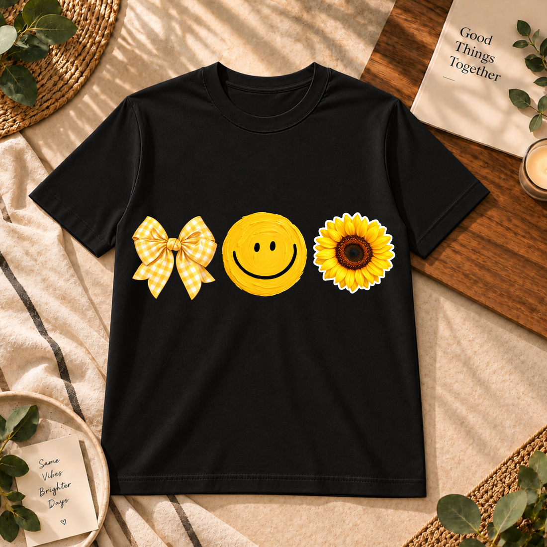 Sunny Vibes Bow & Sunflower Graphic Black T-Shirt