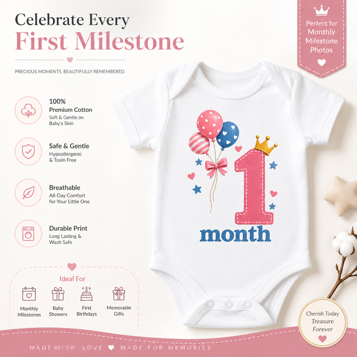 1 Months Baby Milestone Printed Romper & T-Shirt | 1 Month Birthday Celebration Outfit for Baby Boy & Girl