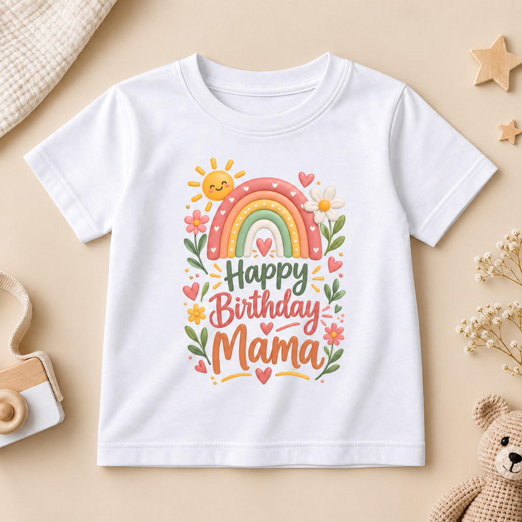 Happy Birthday Mama Floral Rainbow Kids T-Shirt