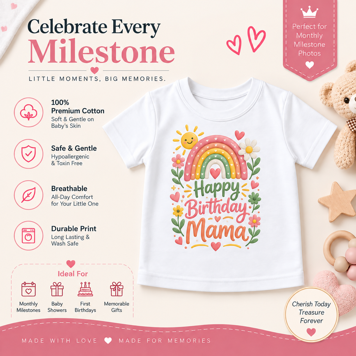 Happy Birthday Mama Floral Rainbow Kids T-Shirt