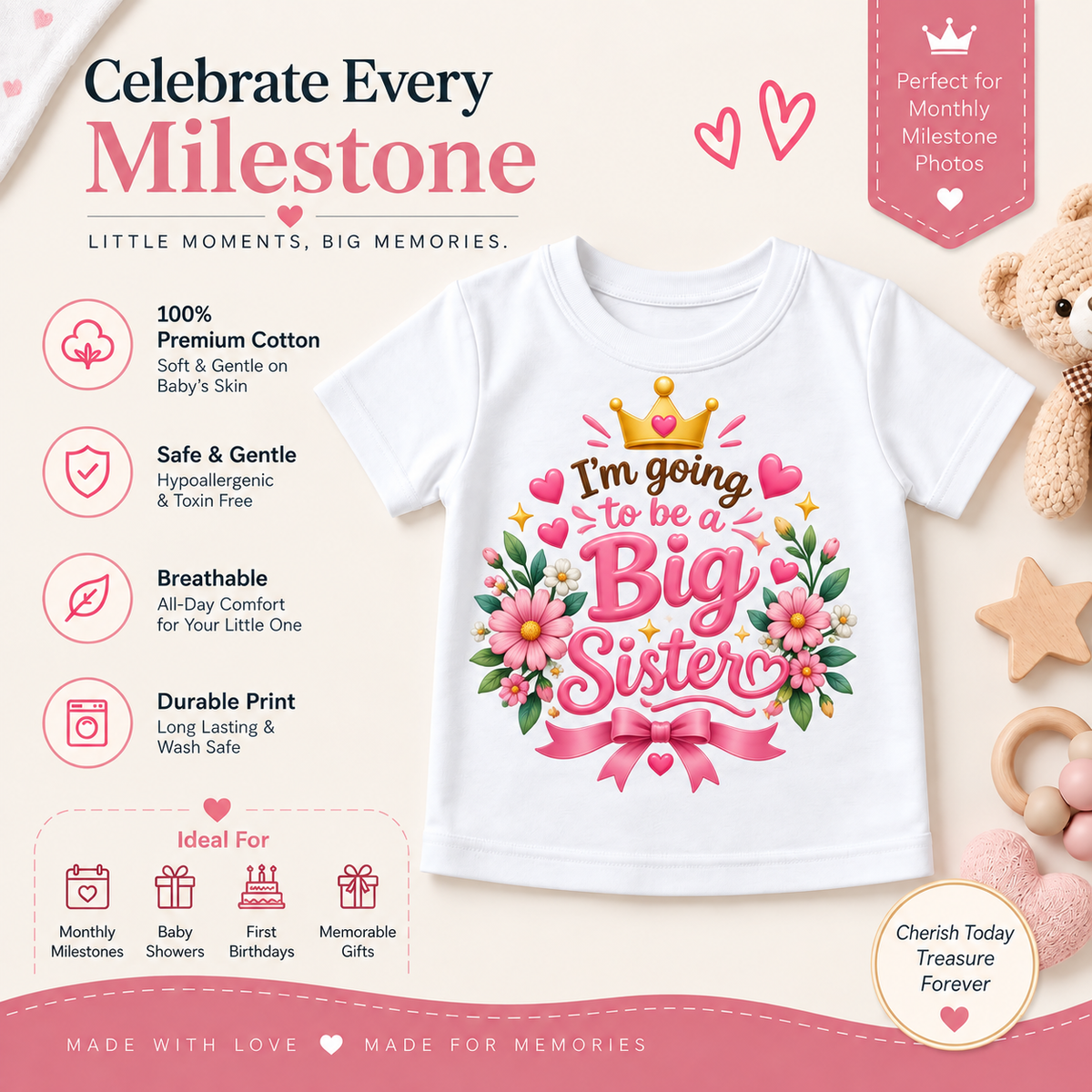 BIG SISTER FLORAL CELEBRATION KIDS T-SHIRT