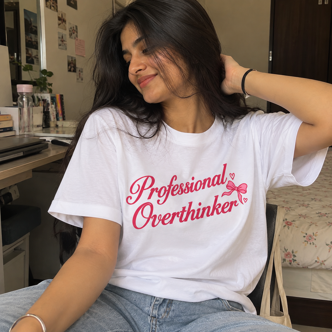 PROFESSIONAL OVERTHINKER BOW GRAPHIC T-SHIRT – WHITE
