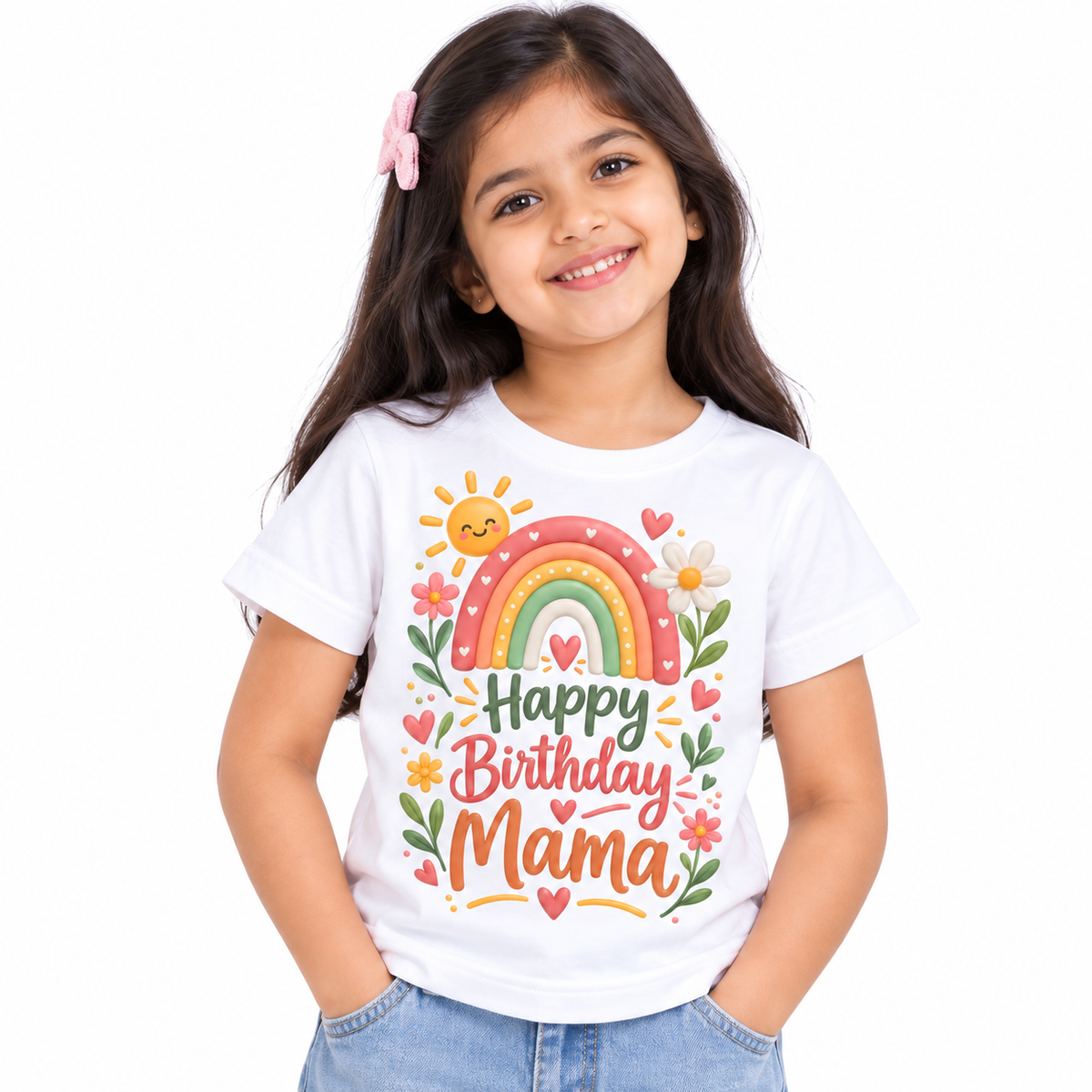 Happy Birthday Mama Floral Rainbow Kids T-Shirt