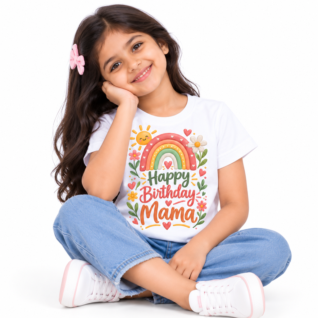 Happy Birthday Mama Floral Rainbow Kids T-Shirt