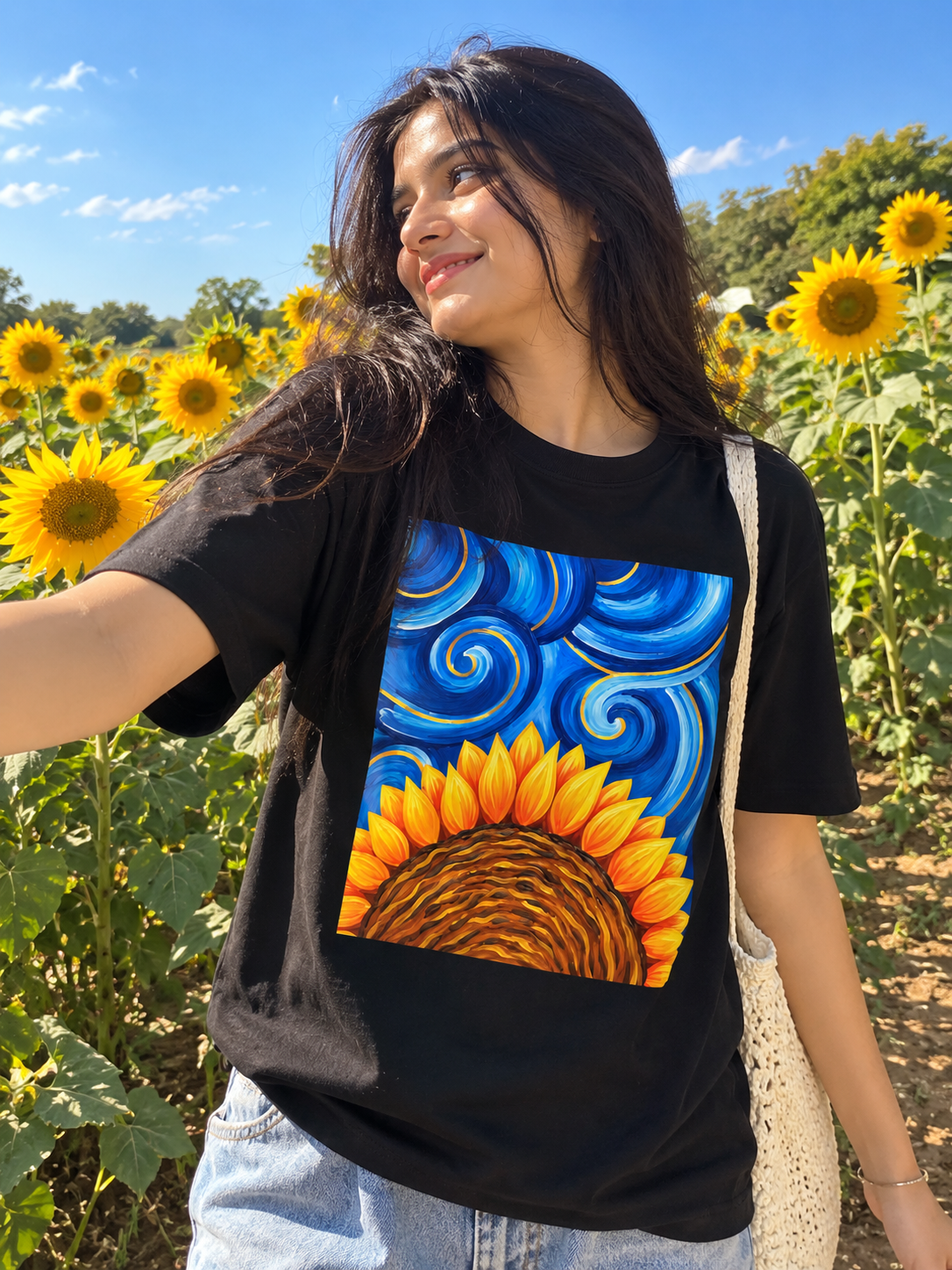Sunflower Sky Artistic Graphic Black T-Shirt