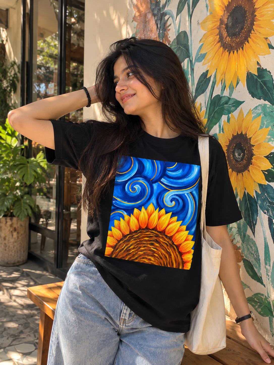 Sunflower Sky Artistic Graphic Black T-Shirt