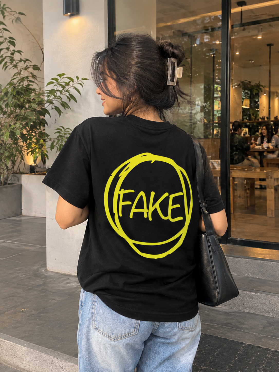 Fake Front & Back Print Oversized Black T-Shirt