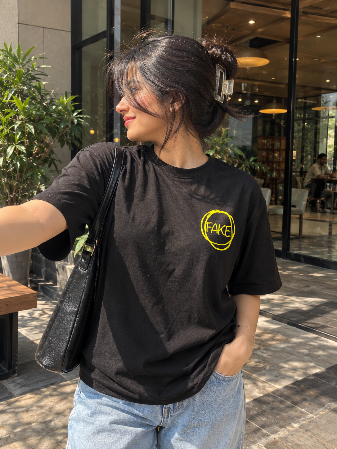 Fake Front & Back Print Oversized Black T-Shirt