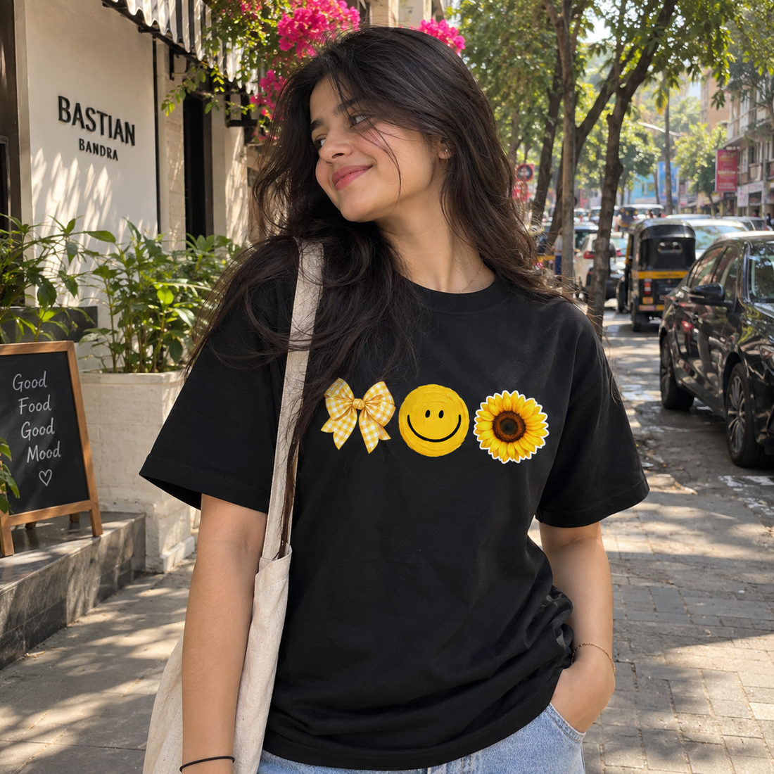 Sunny Vibes Bow & Sunflower Graphic Black T-Shirt