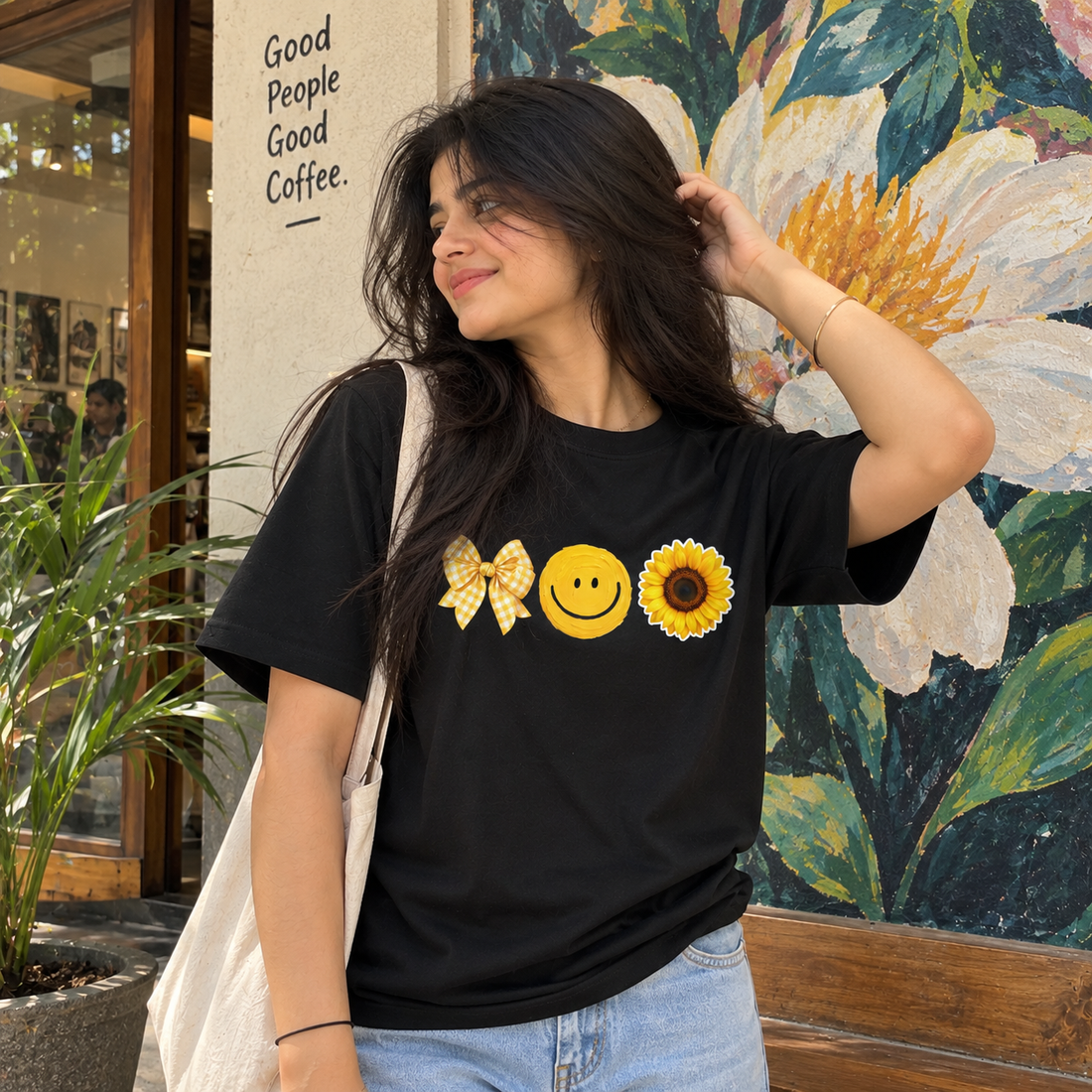 Sunny Vibes Bow & Sunflower Graphic Black T-Shirt
