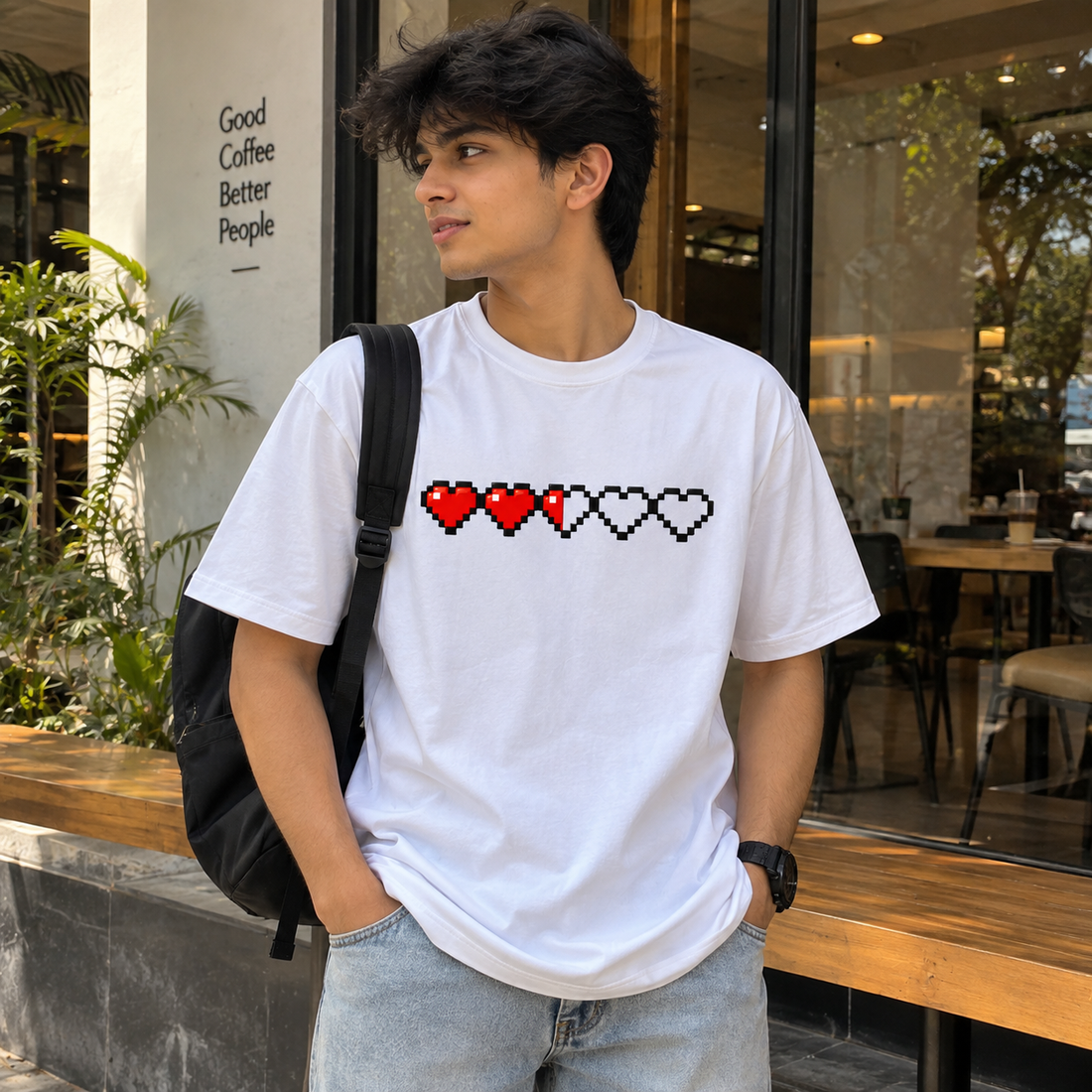 Pixel Heart Love Graphic White T-Shirt
