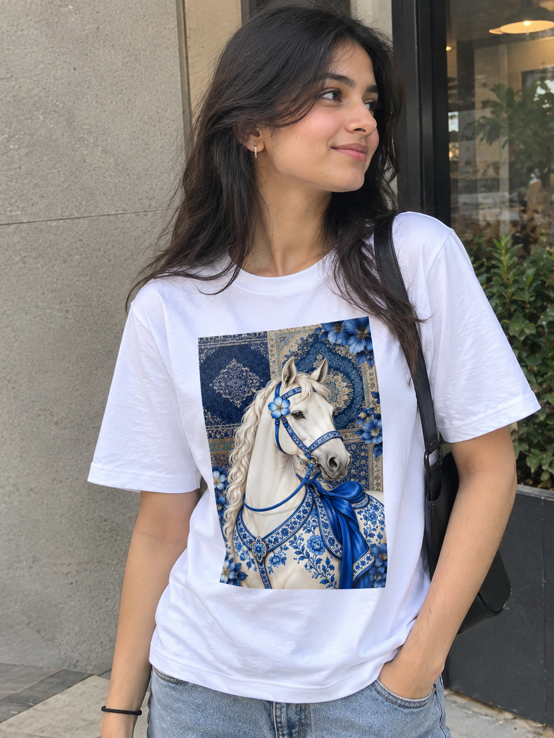 Royal Blue Horse Printed Cotton T-Shirt