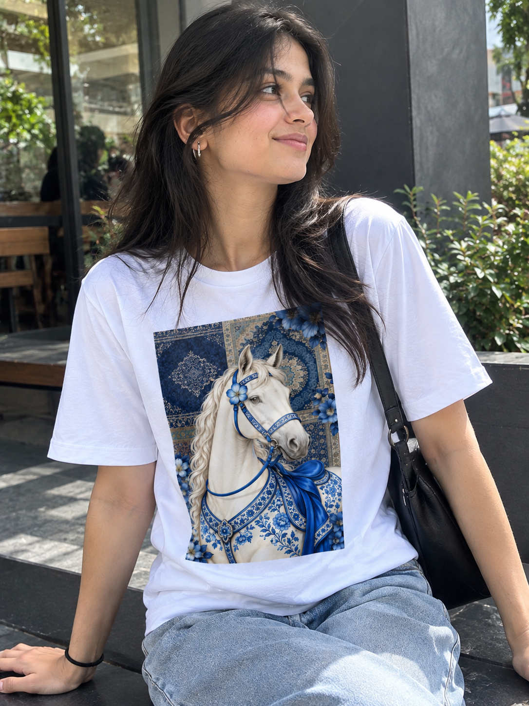 Royal Blue Horse Printed Cotton T-Shirt