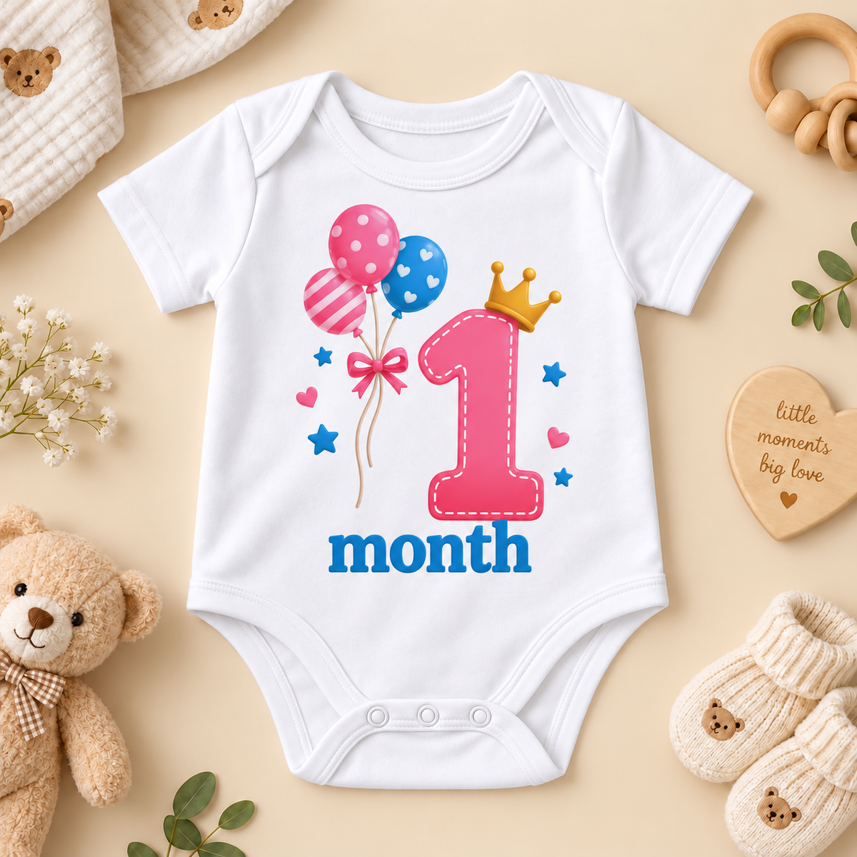 1 Months Baby Milestone Printed Romper & T-Shirt | 1 Month Birthday Celebration Outfit for Baby Boy & Girl