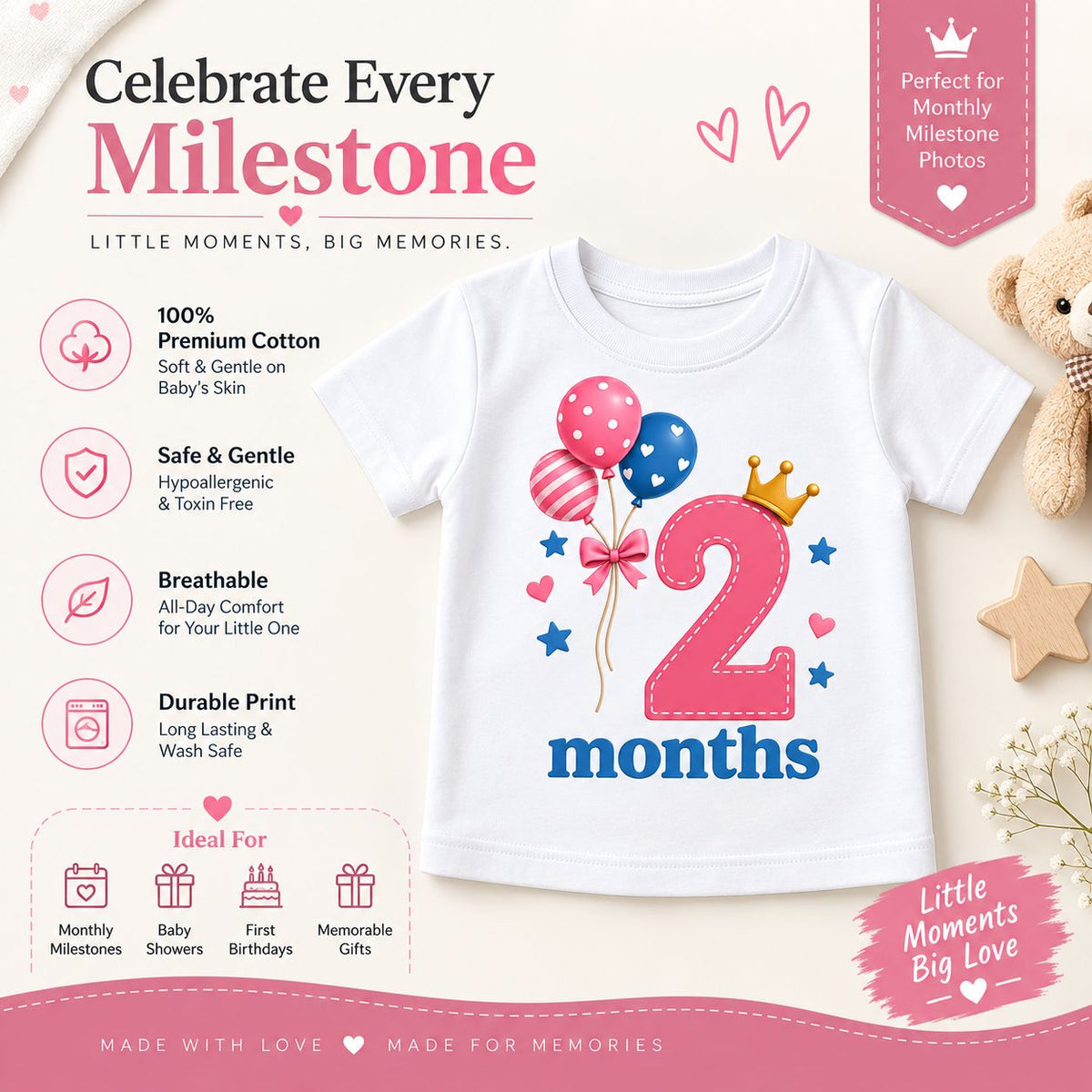 2 Months Baby Milestone Printed Cotton Romper | 2 Months Birthday Celebration Bodysuit for Baby Boy & Girl | White