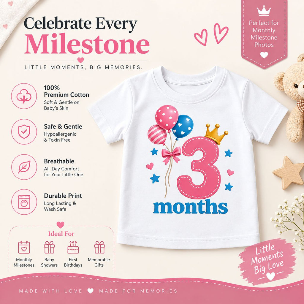 3 Months Baby Milestone Printed Romper & T-Shirt | 3 Month Birthday Celebration Outfit for Baby Boy & Girl | White