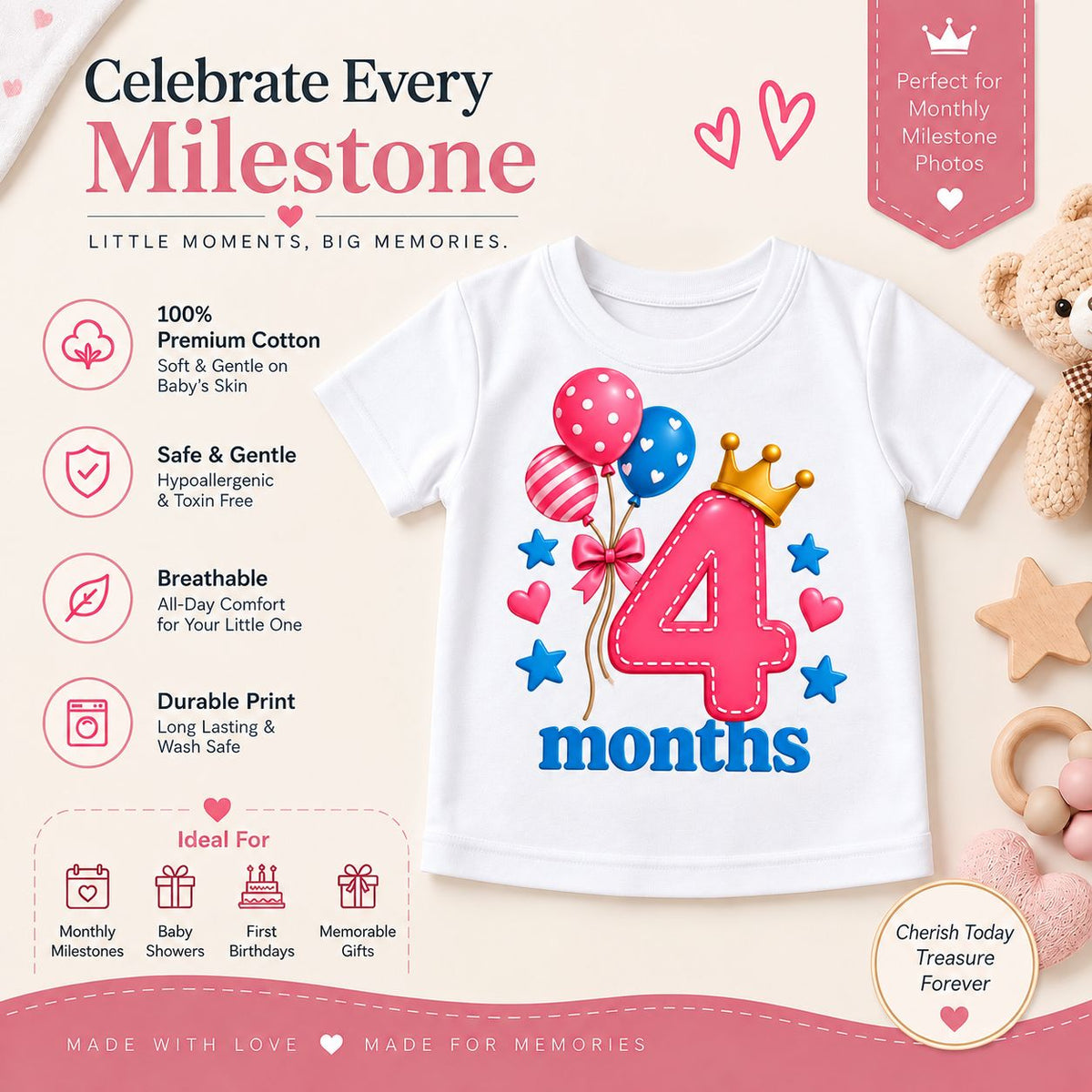 4 Months Baby Milestone Printed Romper & T-Shirt | 4 Month Birthday Celebration Outfit for Baby Boy & Girl | White