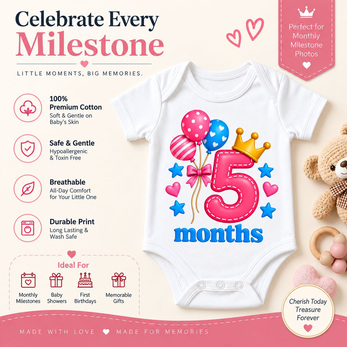 5 Months Baby Milestone Printed Romper & T-Shirt | 5 Month Birthday Celebration Outfit for Baby Boy & Girl