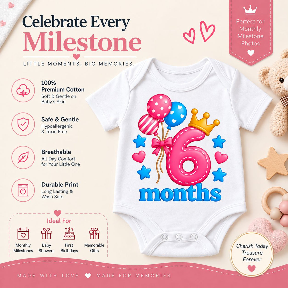 6 Months Baby Milestone Printed Romper & T-Shirt | 6 Month Birthday Celebration Outfit for Baby Boy & Girl
