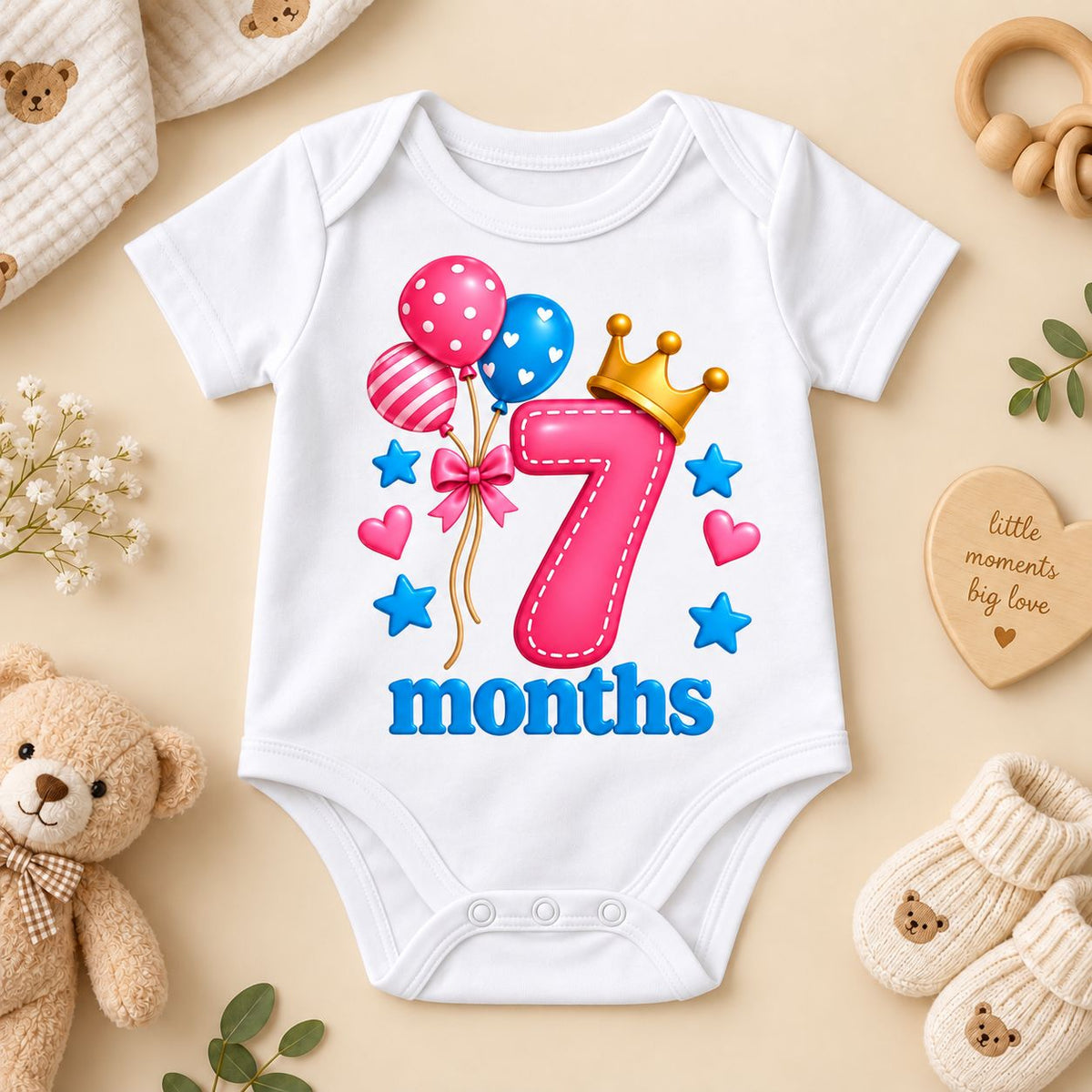 7 Months Baby Milestone Printed Romper & T-Shirt | 7 Month Birthday Celebration Outfit for Baby Boy & Girll