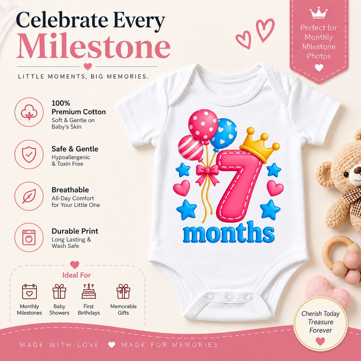 7 Months Baby Milestone Printed Romper & T-Shirt | 7 Month Birthday Celebration Outfit for Baby Boy & Girll