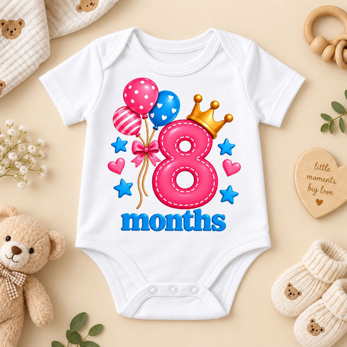8 Months Baby Milestone Printed Romper & T-Shirt | 8 Month Birthday Celebration Outfit for Baby Boy & Girl