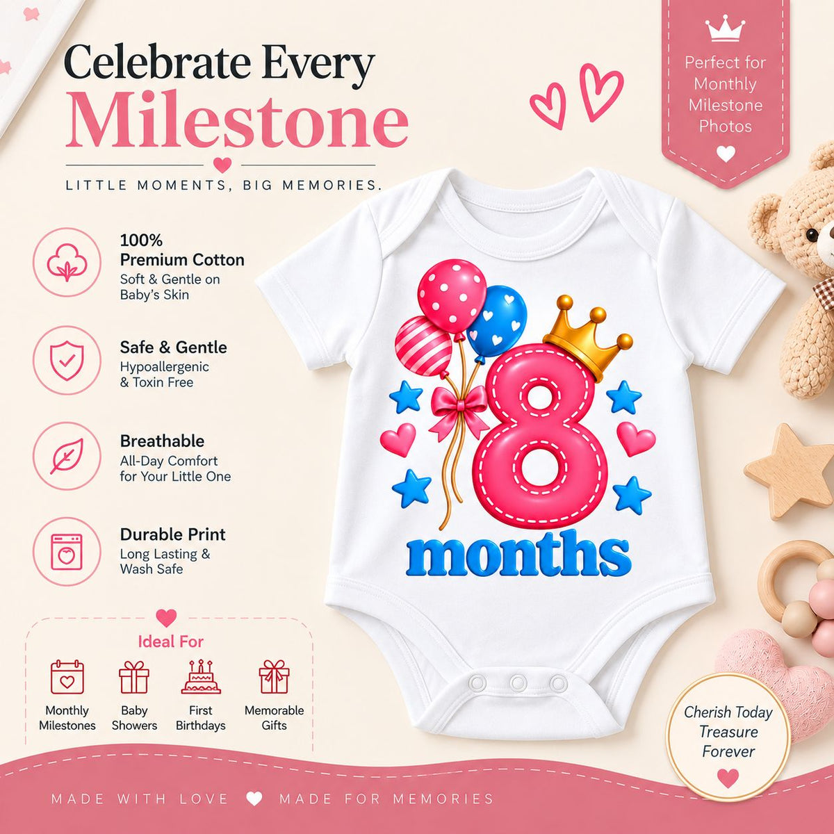 8 Months Baby Milestone Printed Romper & T-Shirt | 8 Month Birthday Celebration Outfit for Baby Boy & Girl