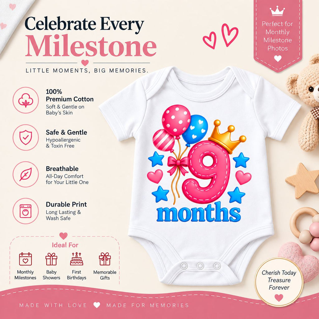 9 Months Baby Milestone Printed Romper & T-Shirt | 9 Month Birthday Celebration Outfit for Baby Boy & Girl