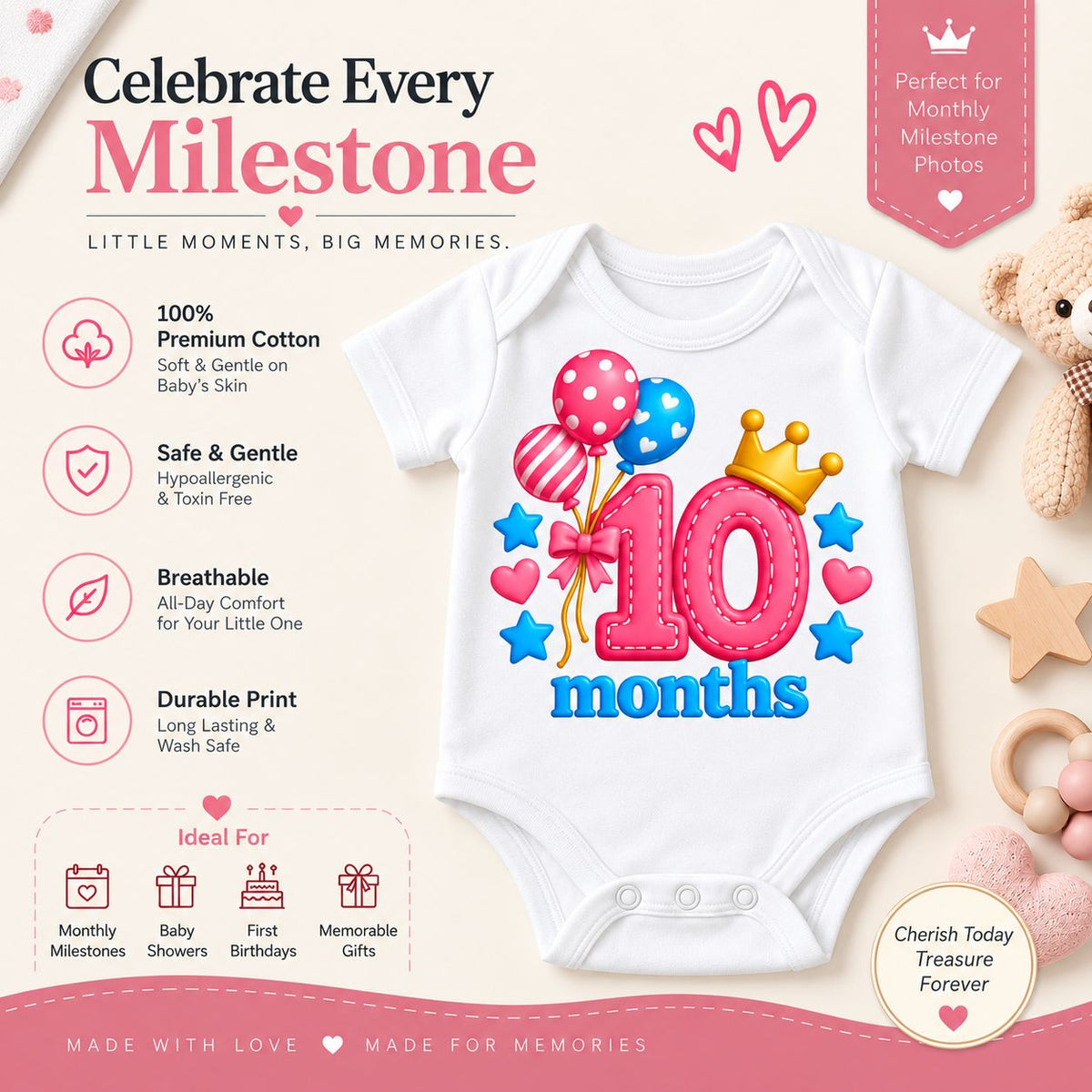 10 Months Baby Milestone Printed Romper & T-Shirt | 10 Month Birthday Celebration Outfit for Baby Boy & Girl