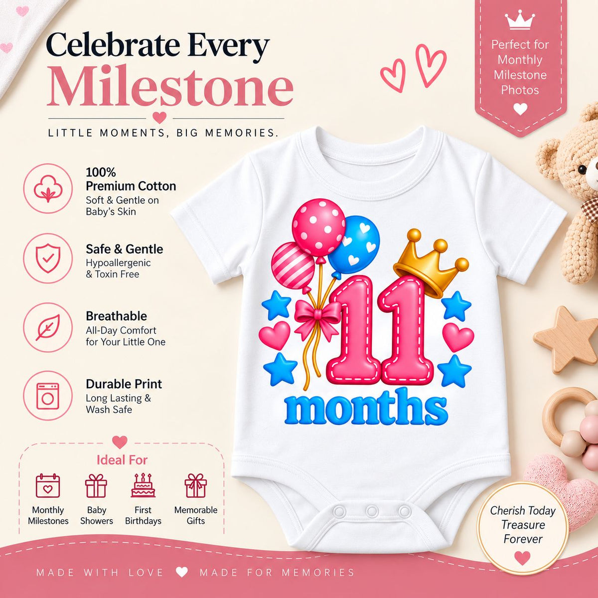 11 Months Baby Milestone Printed Romper & T-Shirt | 11 Month Birthday Celebration Outfit for Baby Boy & Girl