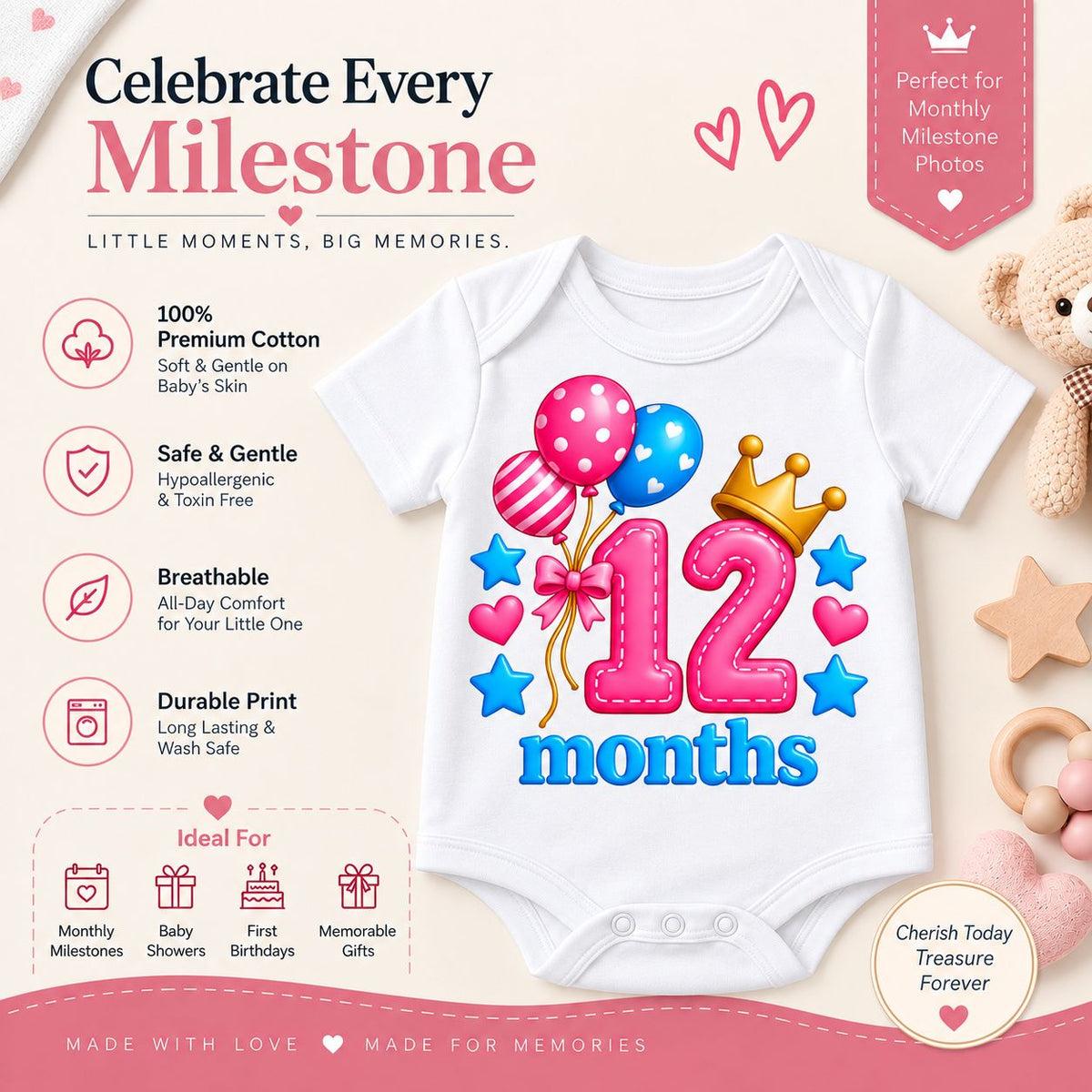 12 Months Baby Milestone Printed Romper & T-Shirt | 12 Month Birthday Celebration Outfit for Baby Boy & Girl