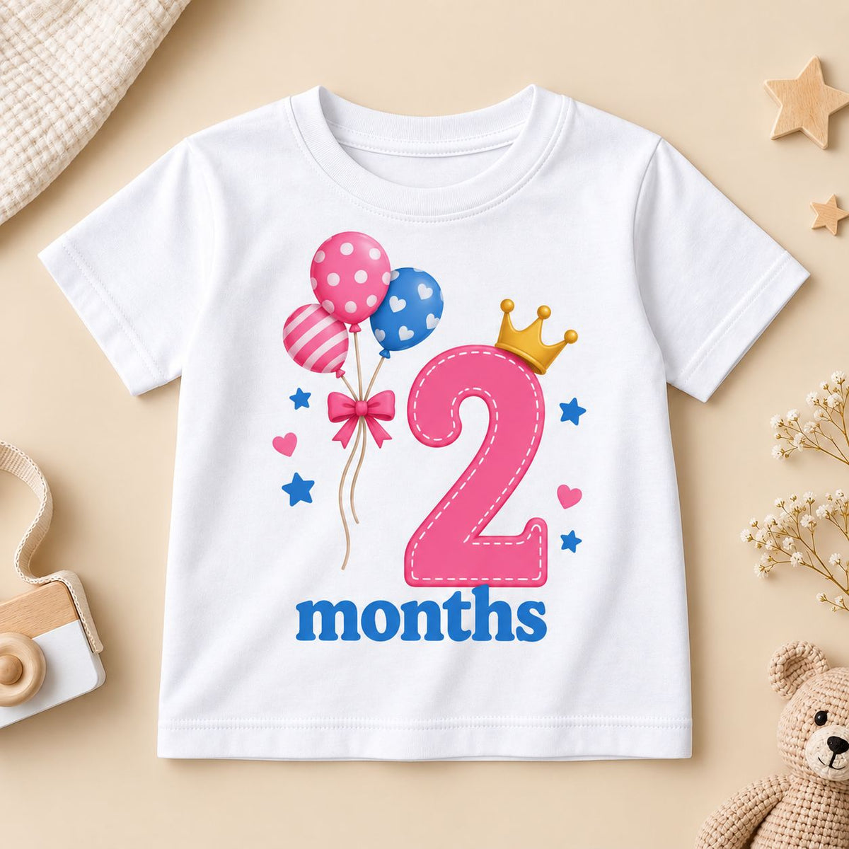 2 Months Baby Milestone Printed Cotton Romper | 2 Months Birthday Celebration Bodysuit for Baby Boy & Girl | White