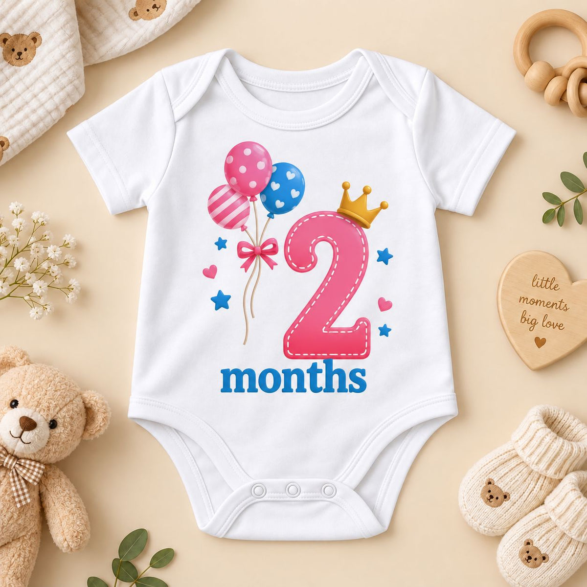 2 Months Baby Milestone Printed Cotton Romper | 2 Months Birthday Celebration Bodysuit for Baby Boy & Girl | White