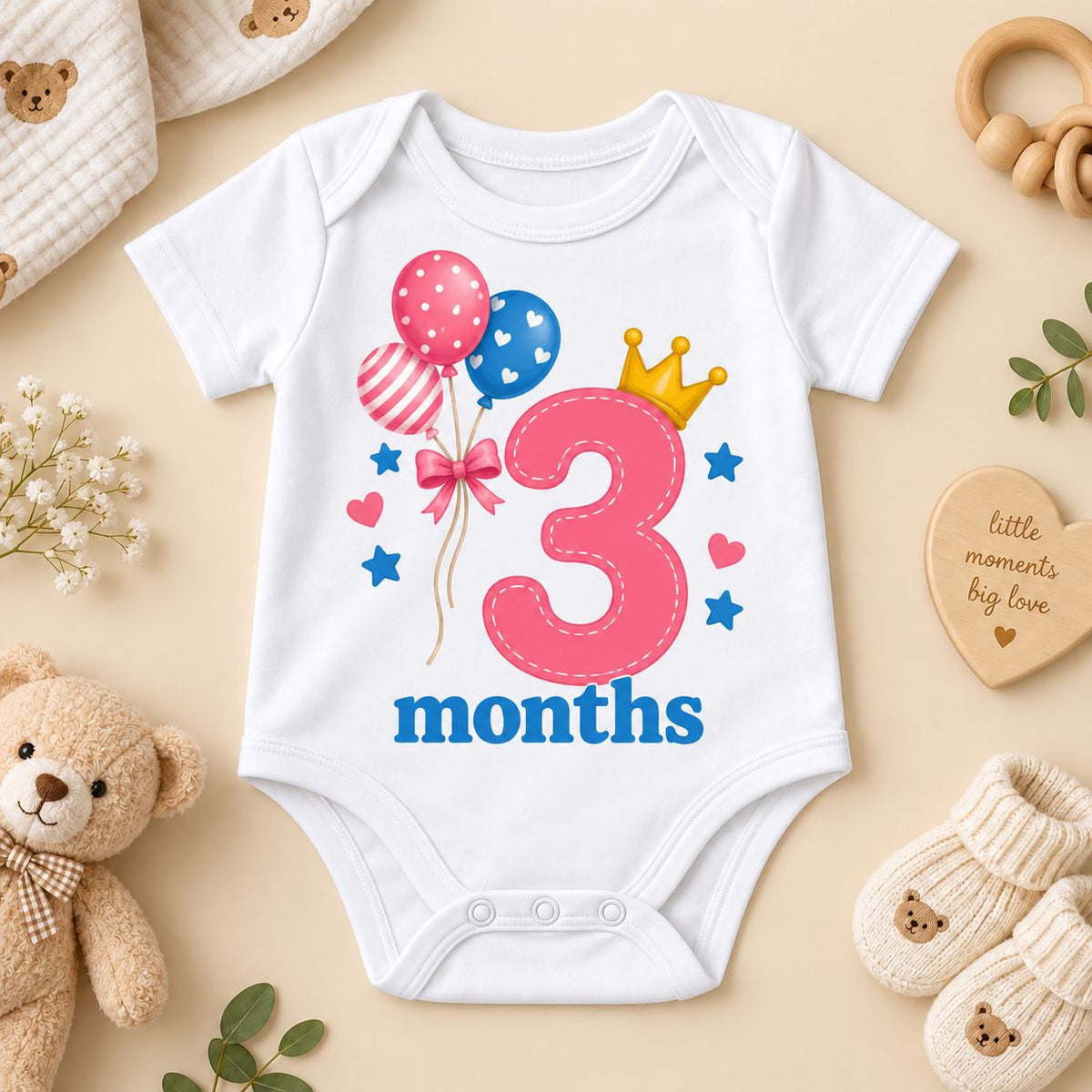 3 Months Baby Milestone Printed Romper & T-Shirt | 3 Month Birthday Celebration Outfit for Baby Boy & Girl | White