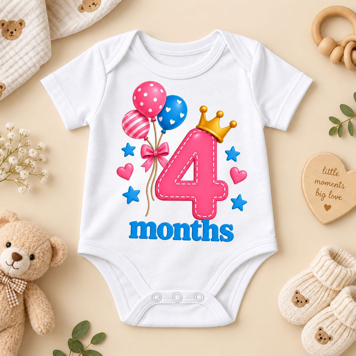 4 Months Baby Milestone Printed Romper & T-Shirt | 4 Month Birthday Celebration Outfit for Baby Boy & Girl | White